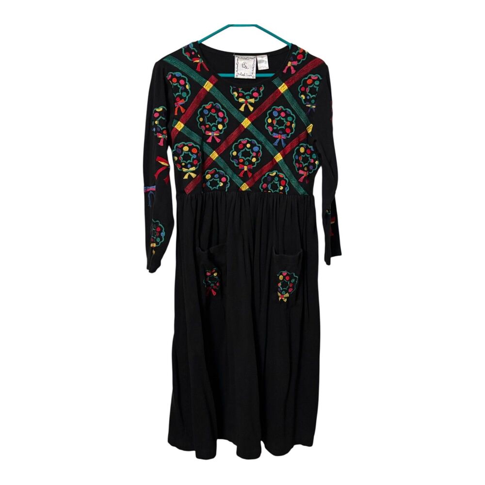 Vintage Michael Simon Lite Christmas Wreath Embroidered Dress Black Size S